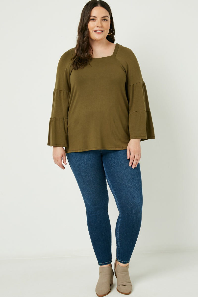 HY2095 Black Womens Soft French Terry Long Sleeve Square Neck Top Whole Body