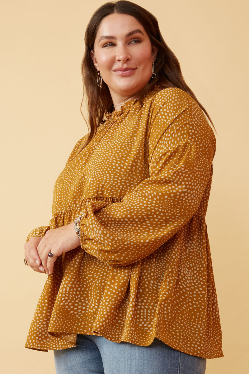 Hy2100 Mustard Womens Ruffle Neck Long Sleeve Babydoll Top Back