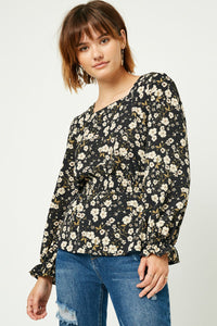 HY2201 Black Womens Square Neck Long Sleeve Printed Top Whole Body