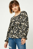 HY2201 Black Womens Square Neck Long Sleeve Printed Top Whole Body