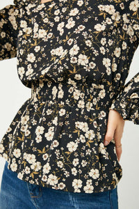 HY2201W Black Plus Square Neck Long Sleeve Printed Top Full Body