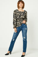 HY2201W Black Plus Square Neck Long Sleeve Printed Top Detail