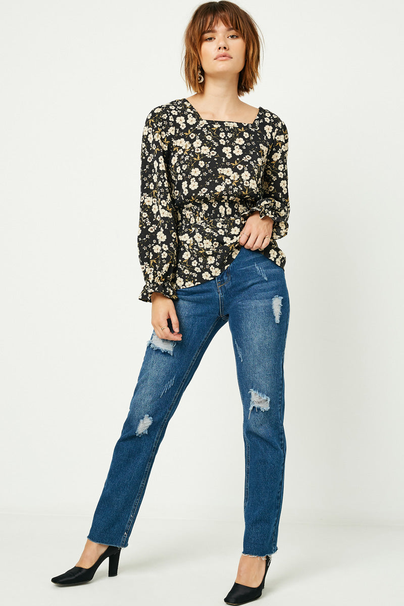 HY2201W Black Plus Square Neck Long Sleeve Printed Top Detail