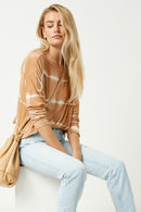 HY2203 Brown Womens Tie Dye High Low Long Sleeve Dolman Pose