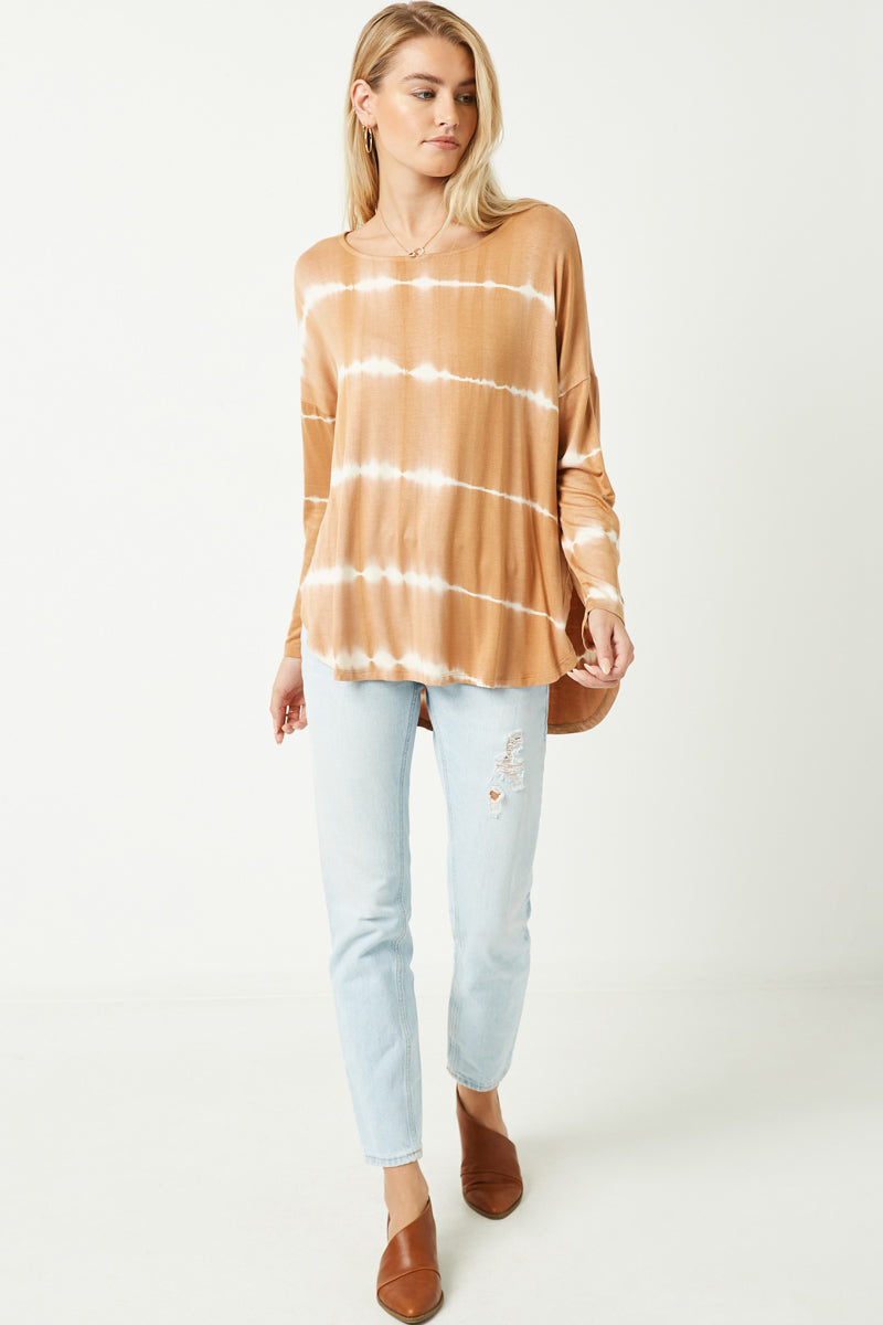 HY2203 Olive Womens Tie Dye High Low Long Sleeve Dolman Whole Body