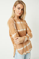 HY2203 Olive Womens Tie Dye High Low Long Sleeve Dolman Detail