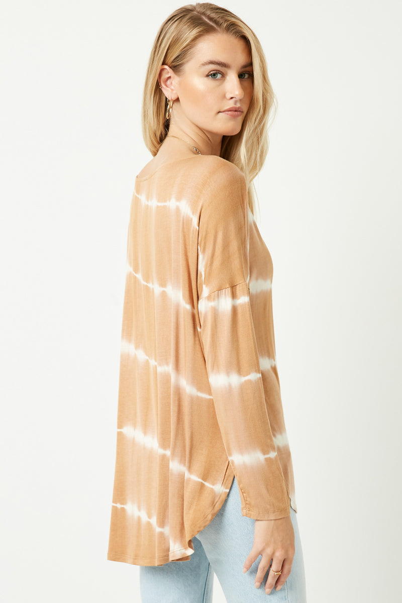 HY2203 Olive Womens Tie Dye High Low Long Sleeve Dolman Back