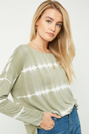 HY2203W OLIVE Plus Tie Dye High Low Long Sleeve Dolman Front
