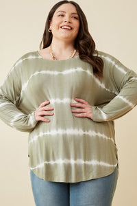 HY2203 Olive Womens Tie Dye High Low Long Sleeve Dolman Front