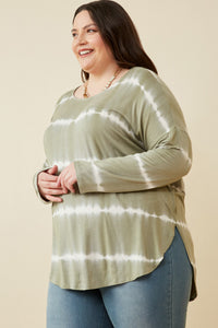 HY2203 Olive Womens Tie Dye High Low Long Sleeve Dolman Detail