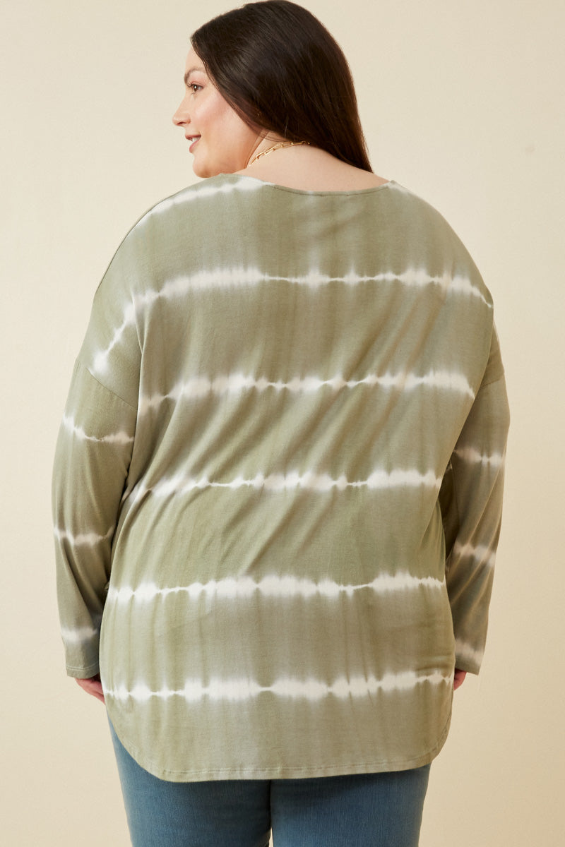 HY2203 Olive Womens Tie Dye High Low Long Sleeve Dolman Back