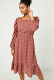 HY2209 Burgundy Womens Long Sleeve Square Neck Midi Dress Front