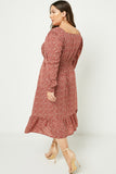 HY2209 Burgundy Womens Long Sleeve Square Neck Midi Dress Back