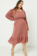 HY2209 Burgundy Womens Long Sleeve Square Neck Midi Dress Full Body