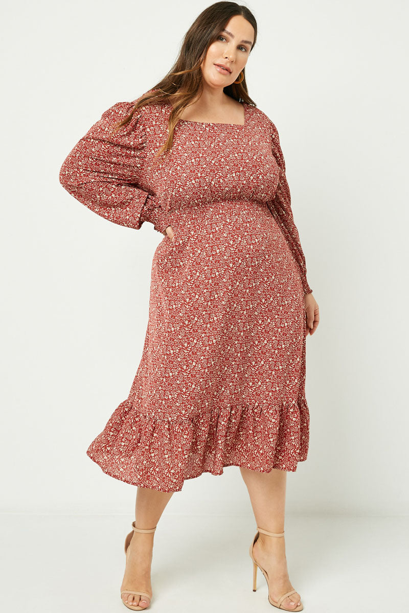 HY2209 Burgundy Womens Long Sleeve Square Neck Midi Dress Full Body