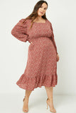 HY2209 Burgundy Womens Long Sleeve Square Neck Midi Dress Full Body