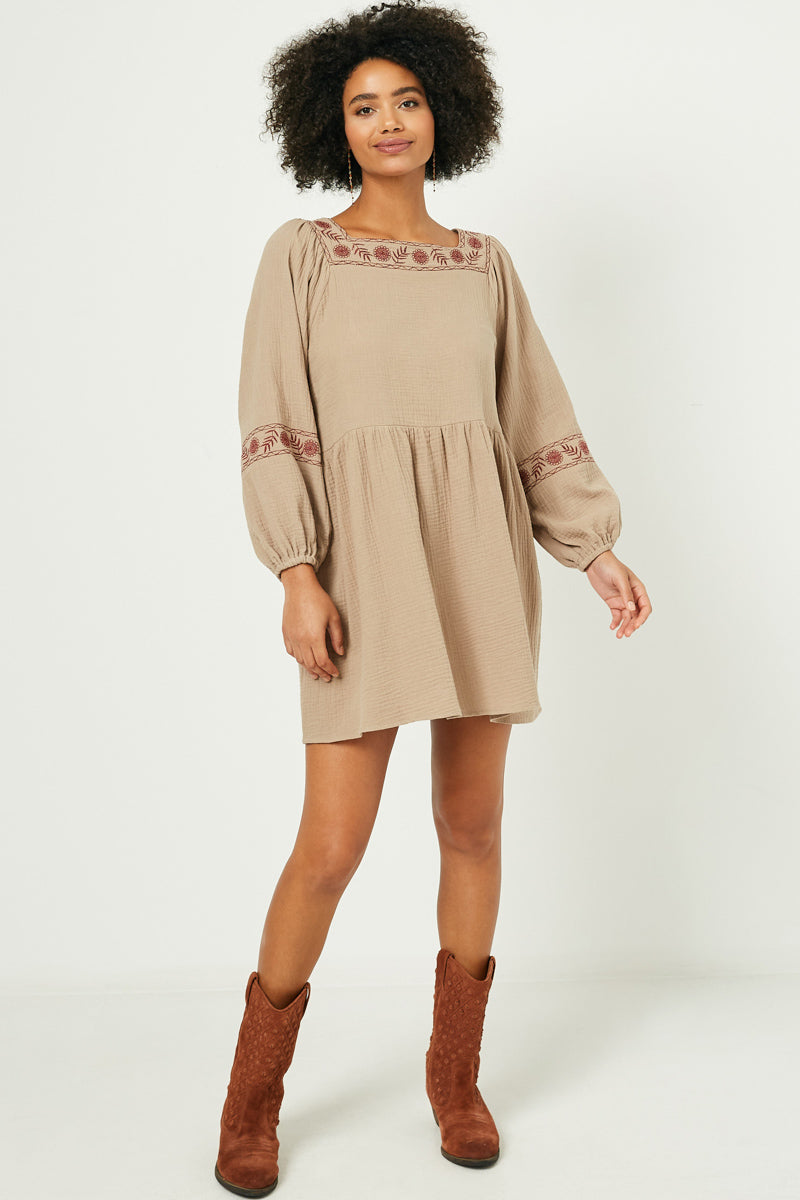 Embroidered Long Sleeve Dress | Boho Inspired Inclusive Outfits Taupe / S Taupe *Women's Dresses Casual Dresses Hayden Los Angeles Embroidered Long Sleeve Dress | Boho Inspired Inclusive Outfits Taupe / S Taupe *Women's Dresses Casual Dresses Hayden Los Angeles