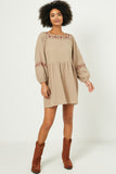 HY2220 Taupe Womens Embroidered Square Neck and Sleeve Dress Full Body
