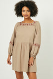 HY2220W Taupe Plus Embroidered Square Neck and Sleeve Top Front