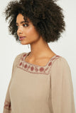 HY2220W Taupe Plus Embroidered Square Neck and Sleeve Top Detail
