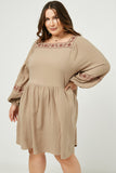 HY2220 Taupe Womens Embroidered Square Neck and Sleeve Dress Detail