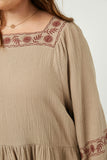 HY2220 Taupe Womens Embroidered Square Neck and Sleeve Dress Back