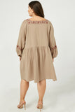 HY2220W Taupe Plus Embroidered Square Neck and Sleeve Top Full Body