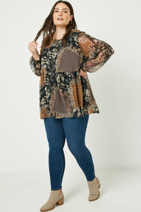 HY2227 Mustard Womens Long Sleeve Mixed Patchwork Print Top Pose