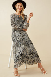 HY2248 Black Womens Paisley Print Long Sleeve Maxi Dress Pose