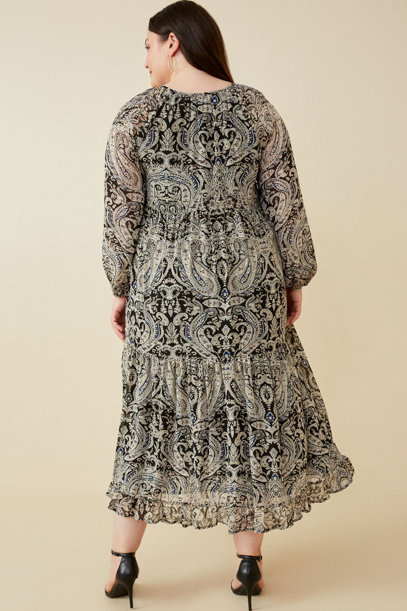 HY2248 Black Womens Paisley Print Long Sleeve Maxi Dress Back