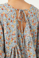 HY2305W Dusty Blue Plus Balloon Sleeve V-Neck Top Full Body