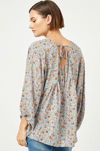 HY2305W Dusty Blue Plus Balloon Sleeve V-Neck Top Front