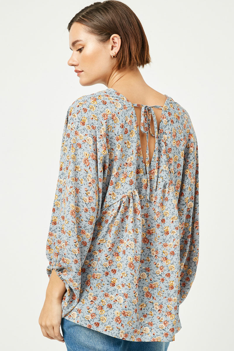 HY2305W Dusty Blue Plus Balloon Sleeve V-Neck Top Front