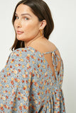 HY2305 Dusty Blue Womens Balloon Sleeve V-Neck Top Detail