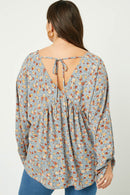 HY2305 Dusty Blue Womens Balloon Sleeve V-Neck Top Back