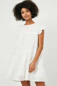HY2416 Off White Womens Flutter Sleeve Tiered Eyelet Dress Front
