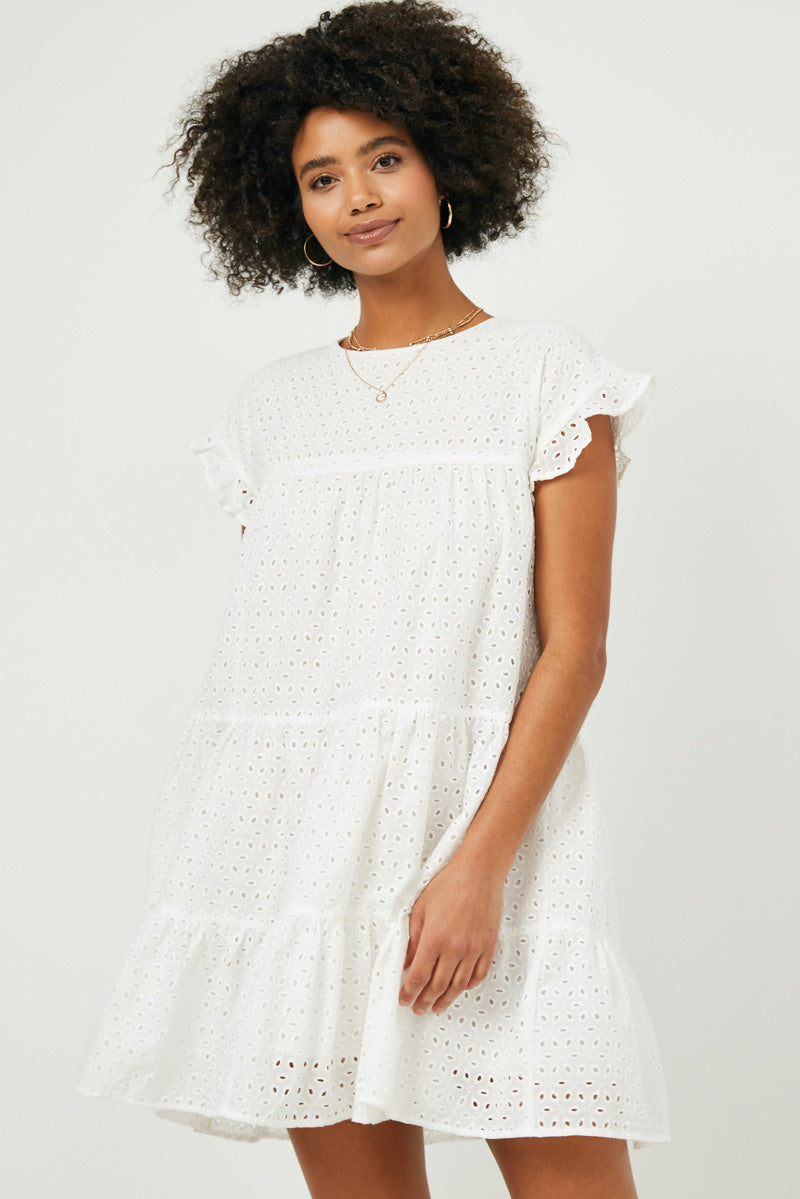 Flutter Sleeve Tiered Eyelet Dress
