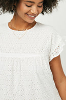 HY2416W Off White Plus Flutter Sleeve Tiered Eyelet Dress Full Body