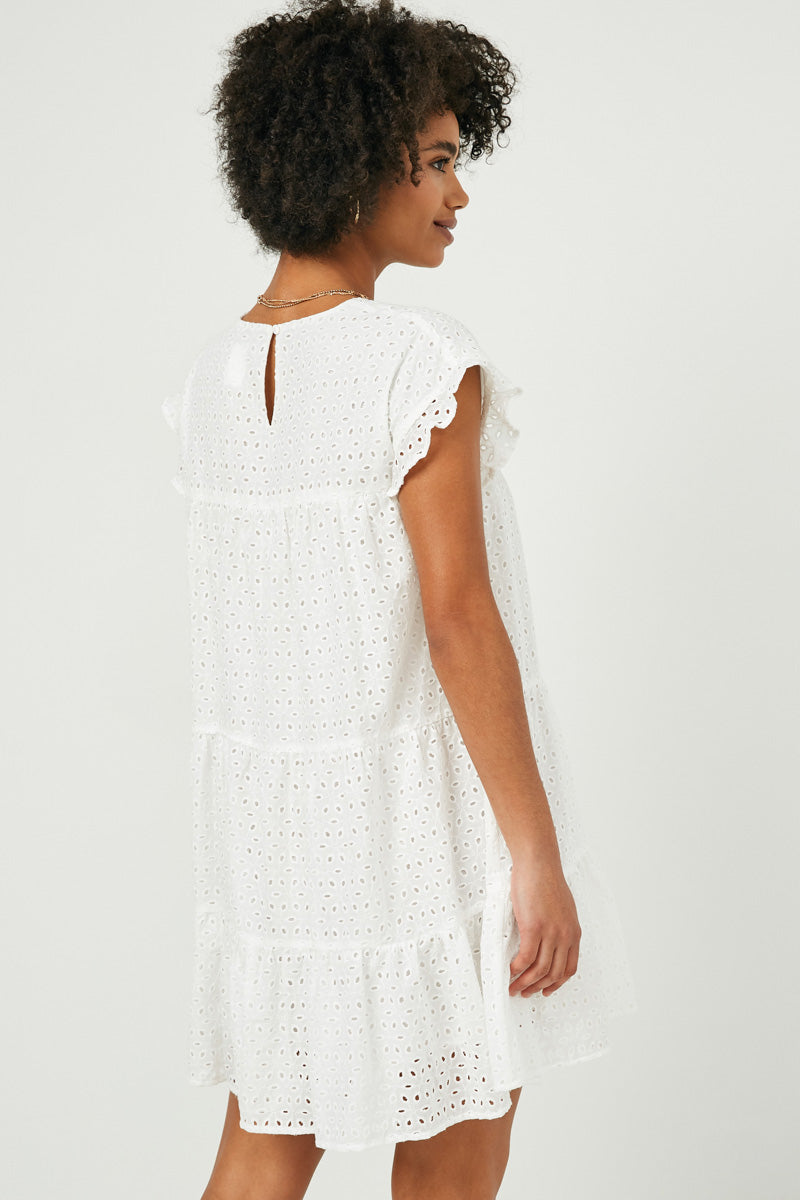 HY2416W Off White Plus Flutter Sleeve Tiered Eyelet Dress Detail
