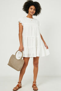 HY2416W Off White Plus Flutter Sleeve Tiered Eyelet Dress Back