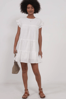 HY2416 Off White Womens Flutter Sleeve Tiered Eyelet Dress Full Body