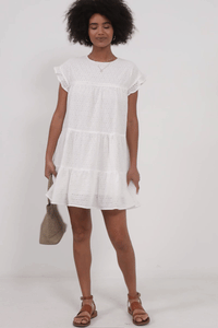 HY2416 Off White Womens Flutter Sleeve Tiered Eyelet Dress Full Body