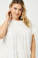 HY2416W Off White Plus Flutter Sleeve Tiered Eyelet Dress Full Body