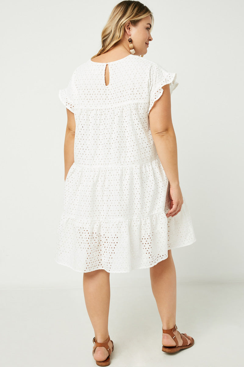 HY2416 Off White Womens Flutter Sleeve Tiered Eyelet Dress Detail