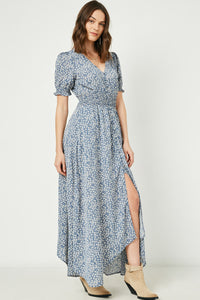 HY2441 Blue Womens Disty Floral Buttoned Maxi Dress Full Body