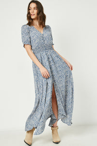 HY2441W Blue Plus Ditsy Floral Buttoned Maxi Dress Side