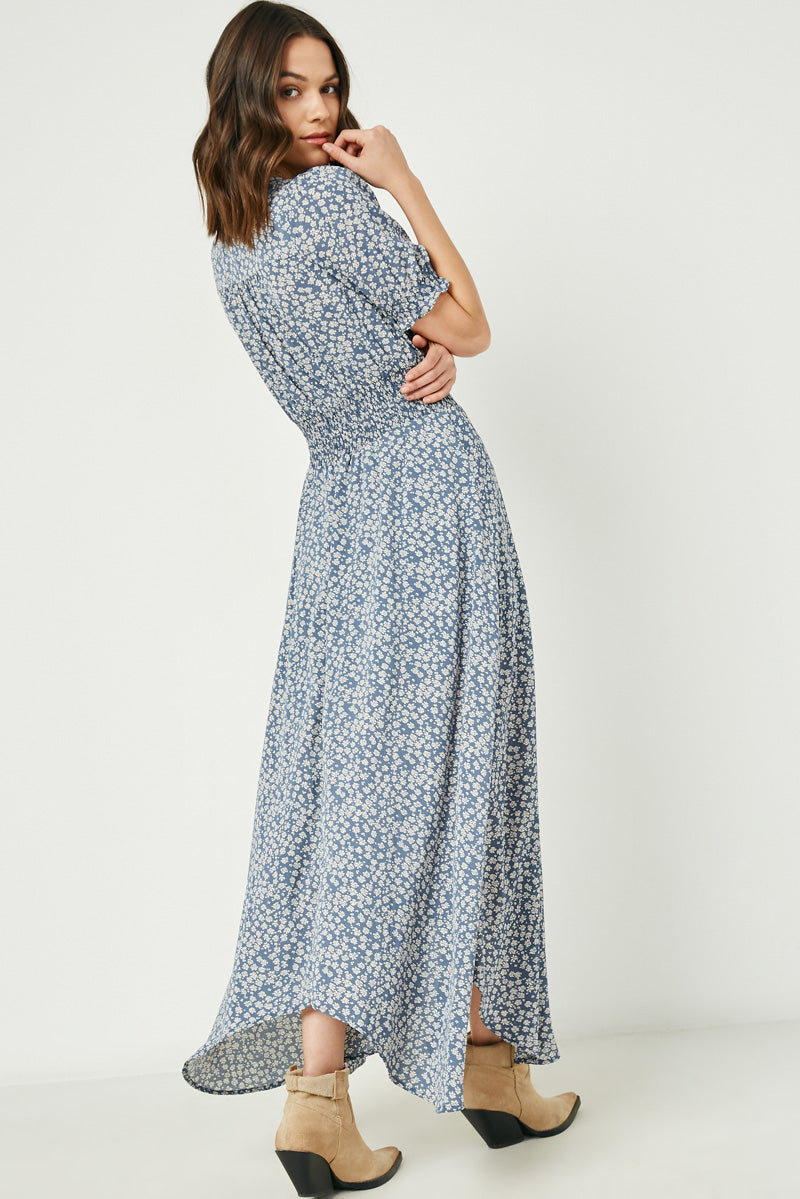 HY2441W Blue Plus Ditsy Floral Buttoned Maxi Dress Back
