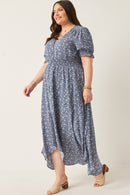 HY2441W Blue Plus Ditsy Floral Buttoned Maxi Dress Full Body