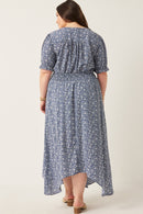 HY2441 Blue Womens Disty Floral Buttoned Maxi Dress Detail