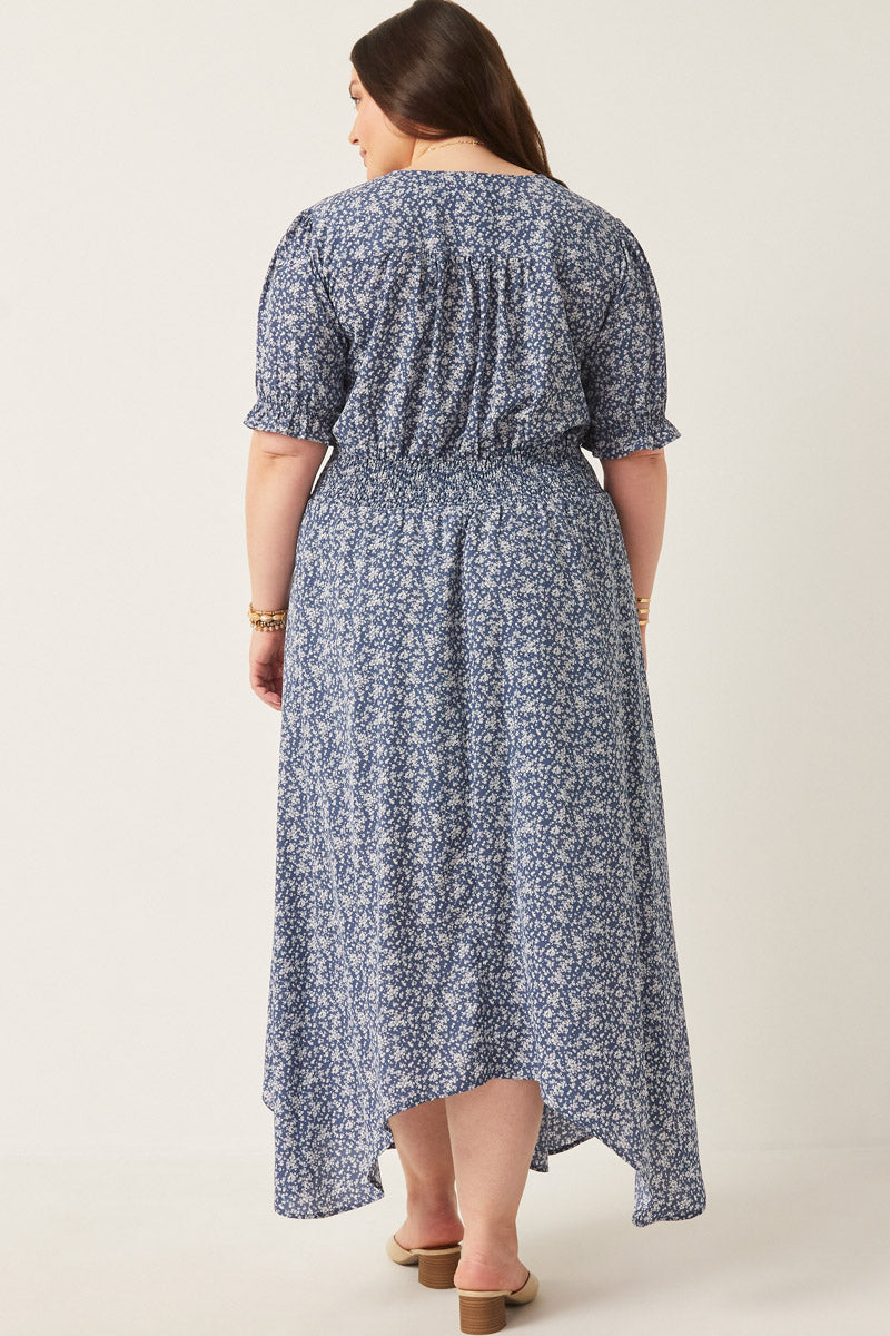 HY2441 Blue Womens Disty Floral Buttoned Maxi Dress Detail